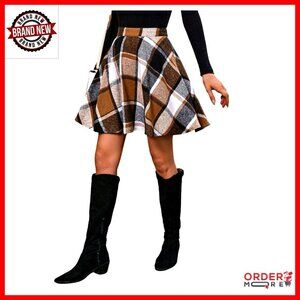Polyester Plaid Flannel Skater Skirt High Waisted Flared Work Wear